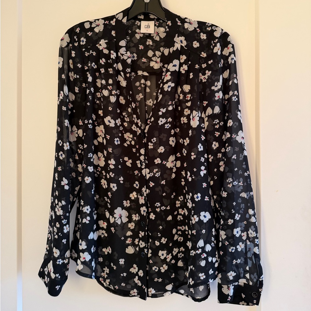 CAbi Black Floral Sheer Blouse Size S